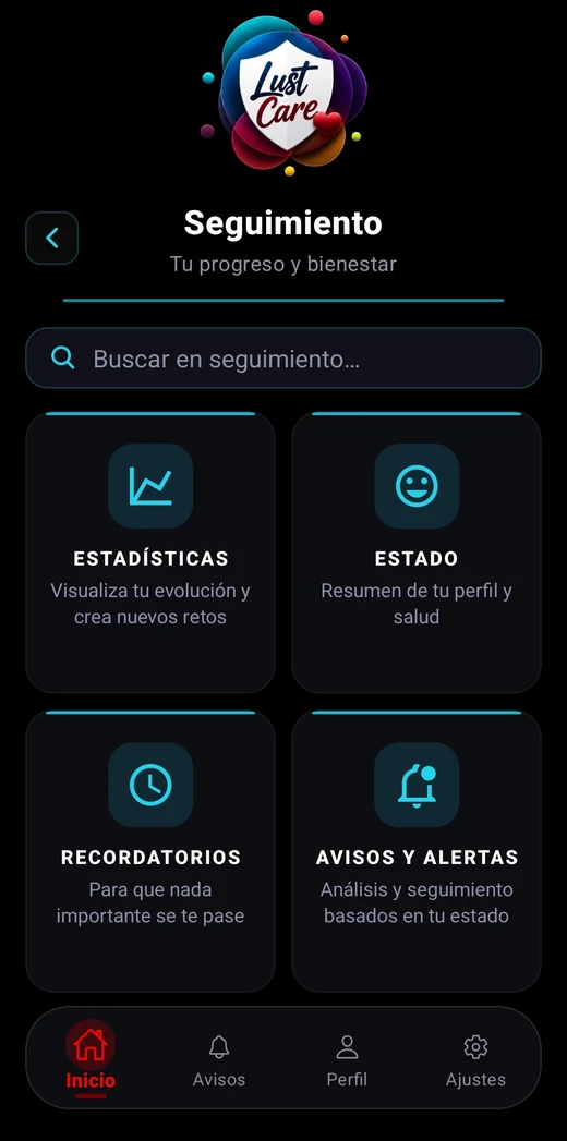 Pantalla de Seguimiento de LustCare con Estadísticas, Estado, Recordatorios y Avisos